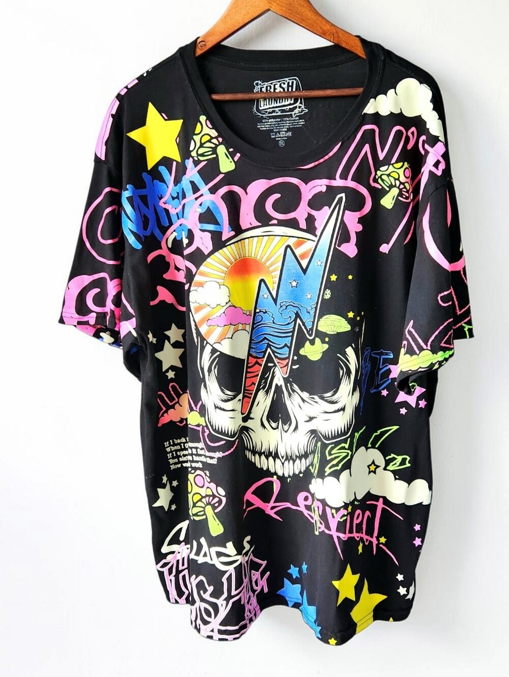 Fresh Laundry Neon Graffiti Skull All Over Print T Shirt Mens 3XL Graphic Black